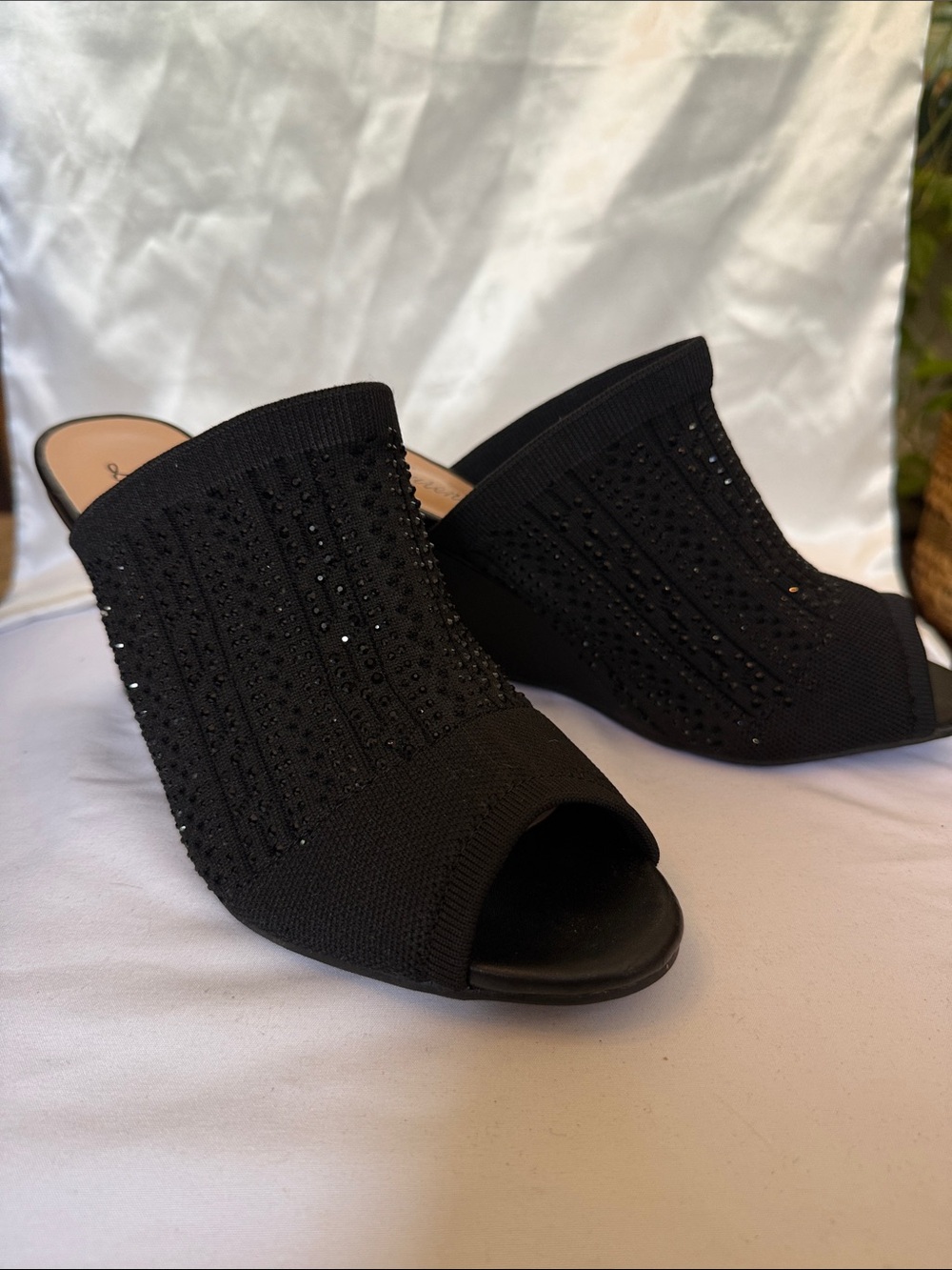 Lauren Lorraine Black Beaded Knit Wedge Mules